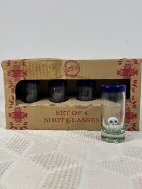 Set Of 4 Handblown Shot Glasses w Blue Rim Skull Design Mexico Goth Halloween